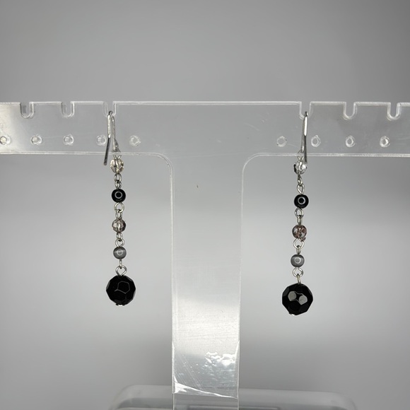 Black and Silver Linear Drop Earrings with Beads - Picture 4 of 4